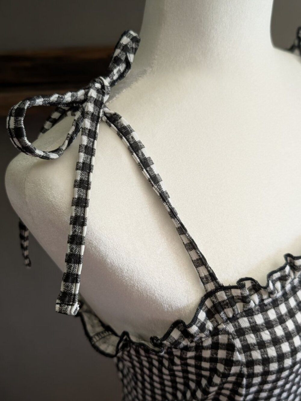 Miss Selfridge Gingham Ruffle Tie Strap Mini Dress Black White Cottagecore 8 - Picture 2 of 8